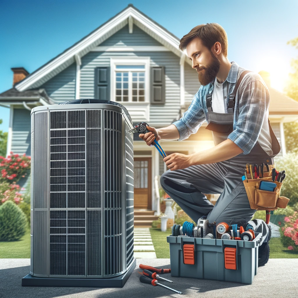 a professional HVAC technician performing a tune-up on a modern, energy-efficient air conditioning unit. This scene captures the essence of professional AC maintenance and the importance of energy efficiency in home cooling systems, set against the backdrop of a bright, Summer ac tune-up summer day.