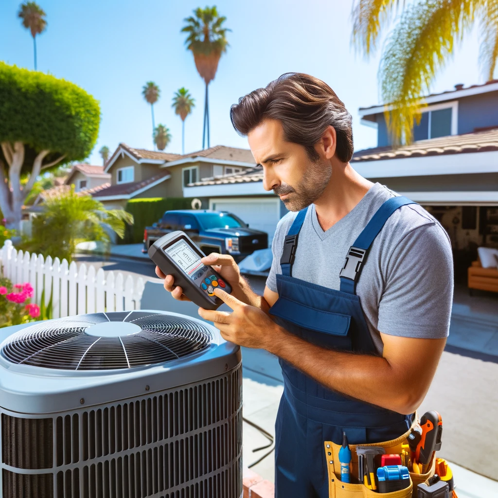 Professional HVAC technician in Los Angeles servicing an outdoor AC unit when AC is not cooling, demonstrating expertise and reliability in air conditioning repair and HVAC services, set against a suburban background with palm trees