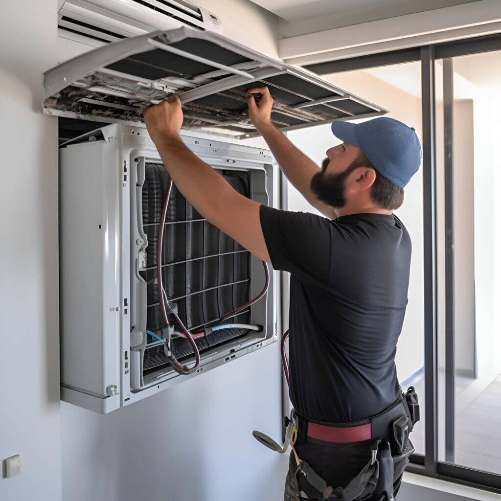 Technician Repairing Air Conditioner With Electrician Fixing Air Conditioner Air Conditioner Installation Services In Los Angeles Fast and Affordable Pasadena, CA AC repair in Hollywood, Hollywood Hills, West Hollywood, Fairfax, Bel Air, Beverly Hills